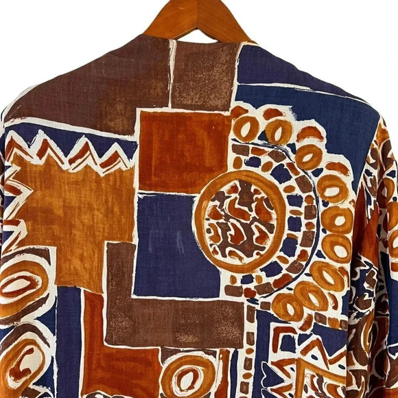 AC Sport Vintage Button Up Blouse Brown Blue Boho 70s Shoulder Pads Rayon Retro - Picture 4 of 7